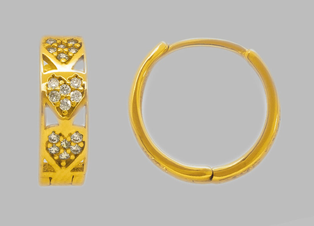 14K YELLOW GOLD ROUND CZ HUGGIE HOOP EARRINGS HEARTS (1 of 1)