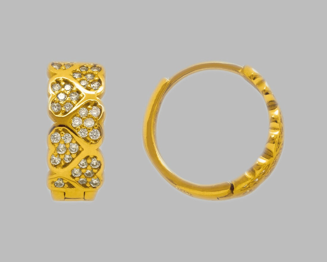 14K YELLOW GOLD ROUND CZ HUGGIE HOOP EARRINGS HEARTS (1 of 1)