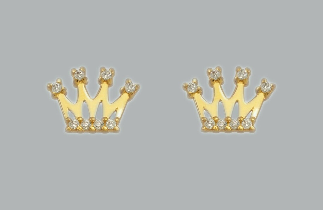 14K YELLOW GOLD STUD CZ EARRINGS SCREW BACK CROWN TIARA: NEW 14K YELLOW GOLD STUD EARRINGS New 14K Yellow Gold Earrings Measures: 8.5mm W x 6.5mm H Earrings with Cubic Zirconia Earrings have a polished finish Screw back Stamp: 14K