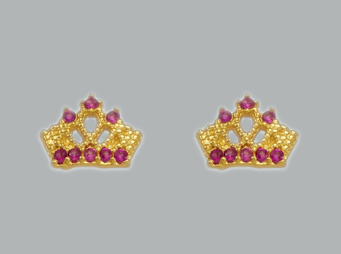 14K YELLOW GOLD STUD CZ EARRINGS SCREW BACK CROWN TIARA (1 of 1)