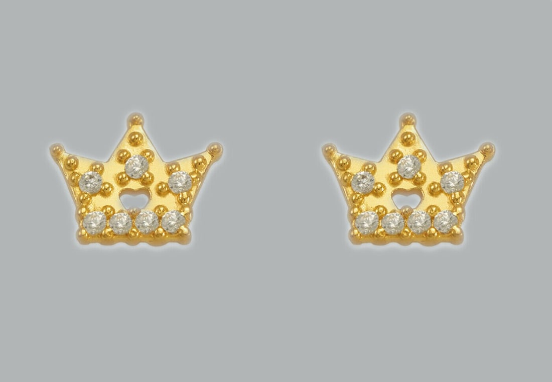 14K YELLOW GOLD STUD CZ EARRINGS SCREW BACK CROWN TIARA: NEW 14K YELLOW GOLD STUD EARRINGS New 14K Yellow Gold Earrings Measures: 7mm W x 6mm H Earrings with Cubic Zirconia Earrings have a polished finish Screw back Stamp: 14K