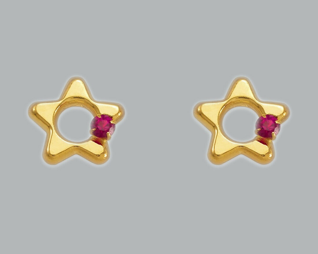 14K YELLOW GOLD STUD RED CZ EARRINGS SCREW BACK STAR: NEW 14K YELLOW GOLD STUD EARRINGS New 14K Yellow Gold Earrings Measures: 7mm Earrings with Cubic Zirconia Earrings have a polished finish Screw back Stamp: 14K