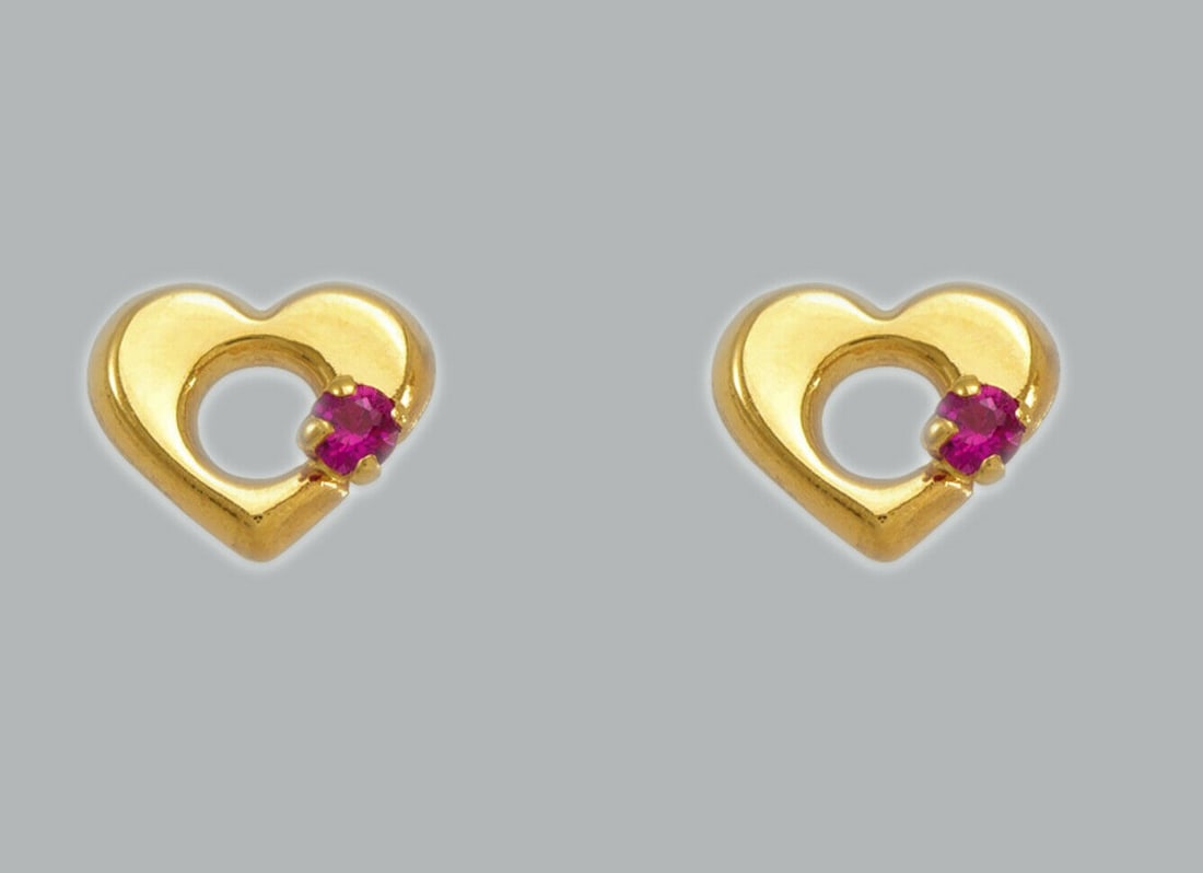 14K YELLOW GOLD STUD RED CZ EARRINGS SCREW BACK HEART: NEW 14K YELLOW GOLD STUD EARRINGS New 14K Yellow Gold Earrings Measures: 5mm Earrings with Cubic Zirconia Earrings have a polished finish Screw back Stamp: 14K