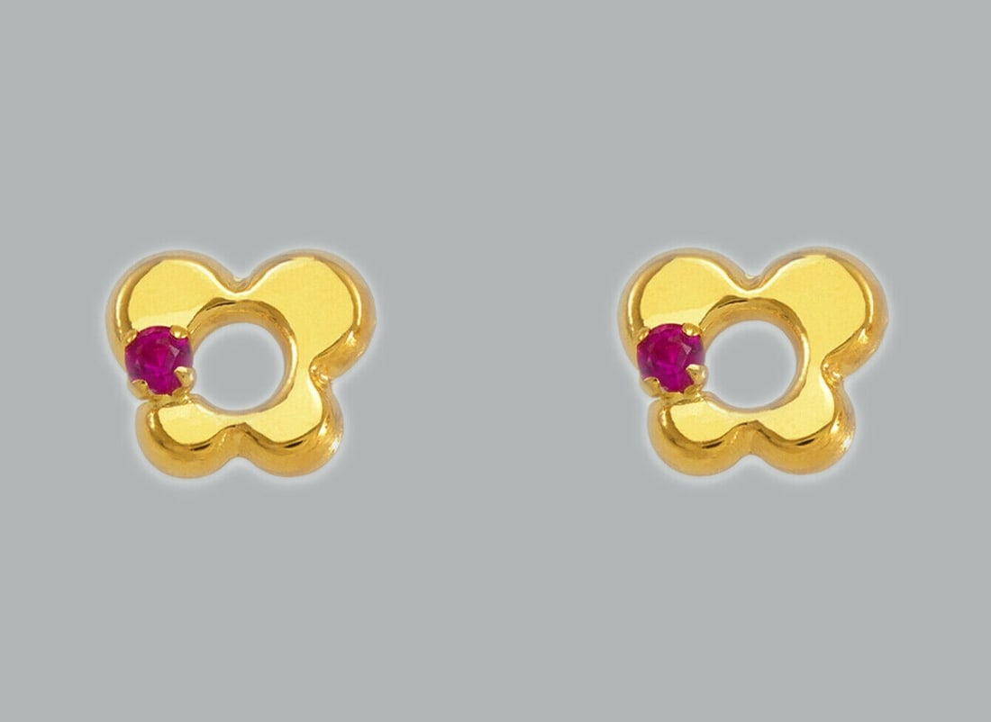 14K Y/ GOLD STUD RED CZ EARRINGS SCREW BACK BUTTERFLY: NEW 14K YELLOW GOLD STUD EARRINGS New 14K Yellow Gold Earrings Measures: 6x5mm Earrings with Cubic Zirconia Earrings have a polished finish Screw back Stamp: 14K