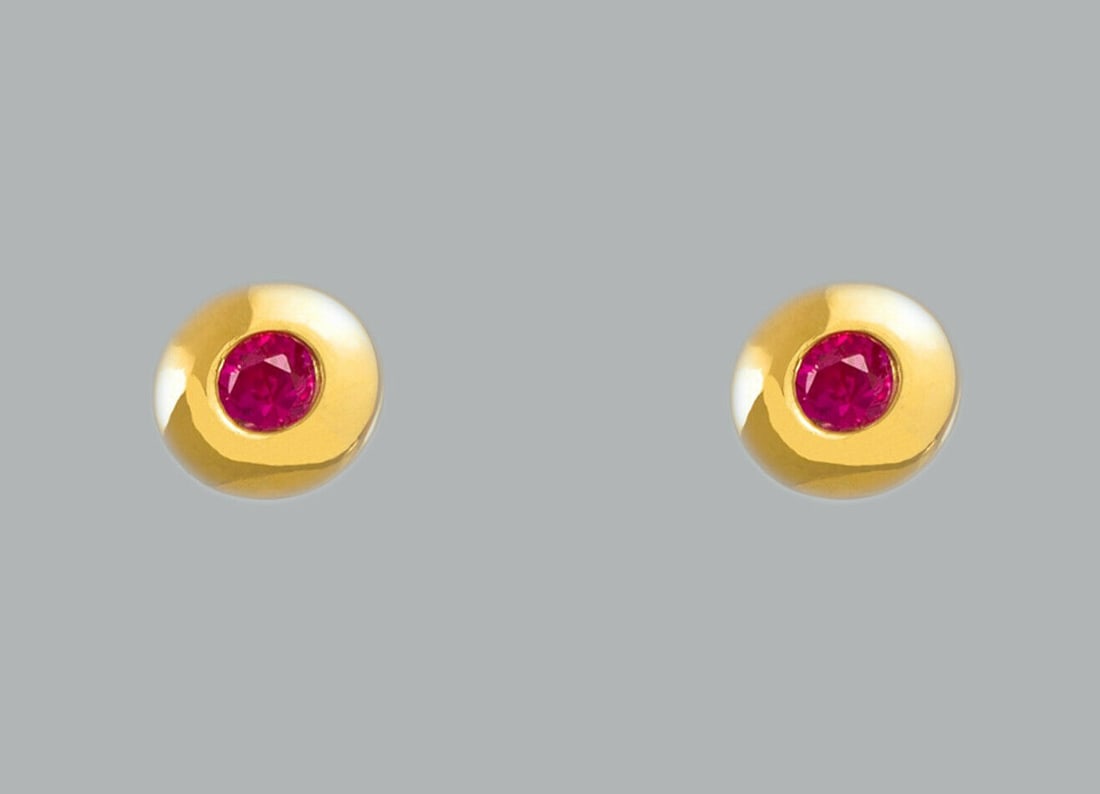 14K YELLOW GOLD STUD RED CZ EARRINGS SCREW BACK CIRCLE (1 of 2)