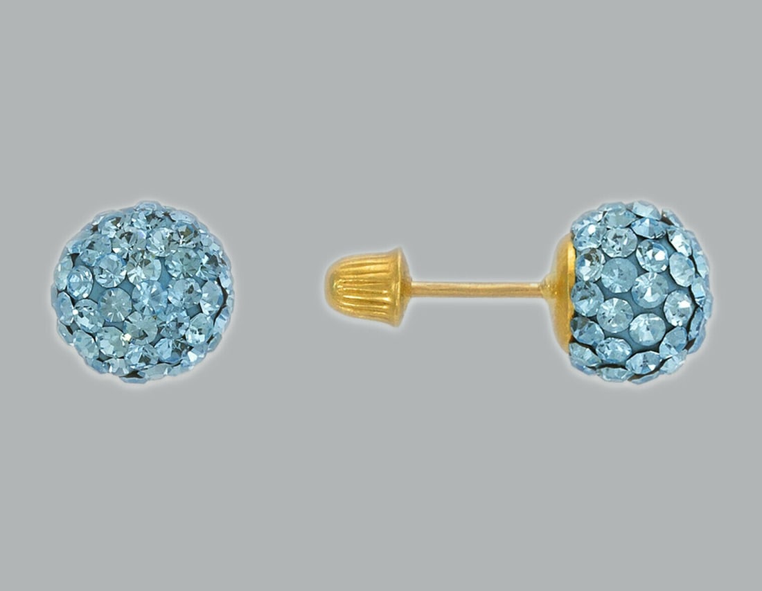 14K YELLOW GOLD STUD ENAMEL BLUE CZ BALL EARRINGS: NEW 14K YELLOW GOLD STUD EARRINGS New 14K Yellow Gold Earrings Measures: 7mm in diameter Earrings with Cubic Zirconia & Enamel Earrings have a polished finish Screw back Stamp: 14K
