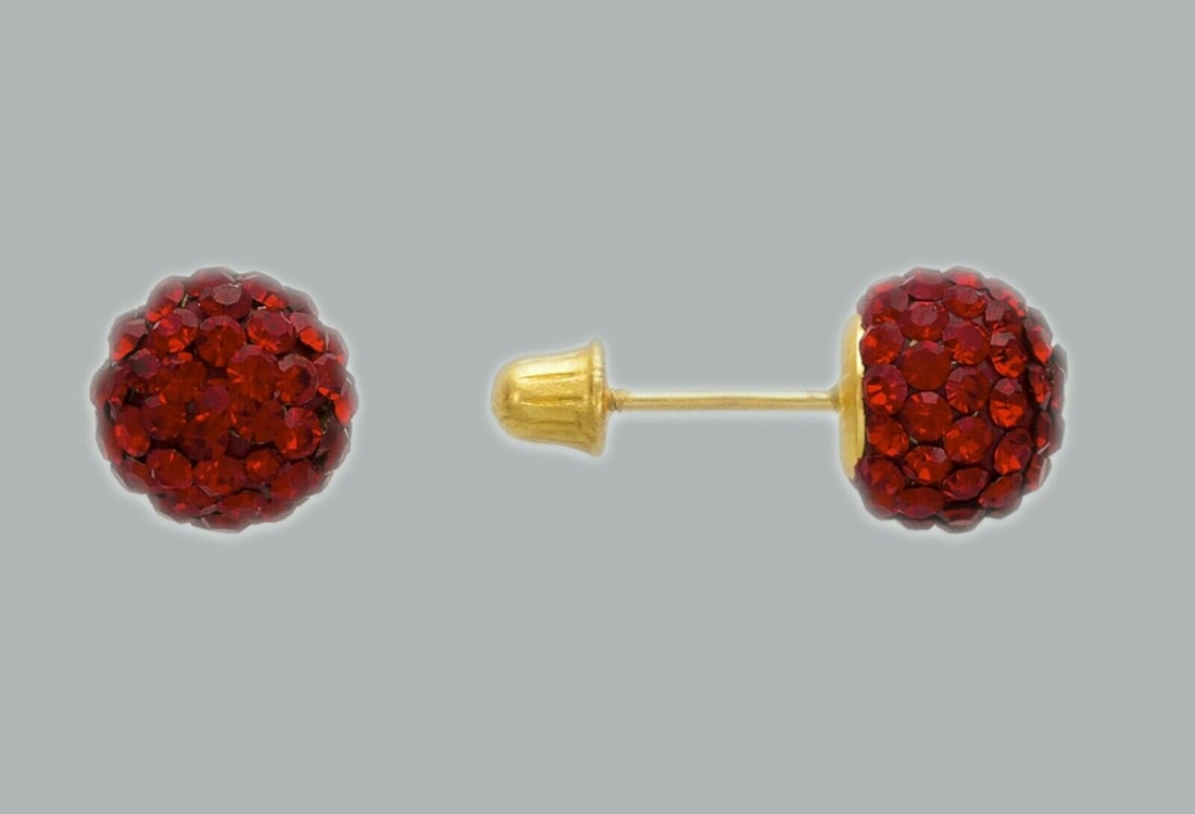 14K YELLOW GOLD STUD ENAMEL RED CZ BALL EARRINGS: NEW 14K YELLOW GOLD STUD EARRINGS New 14K Yellow Gold Earrings Measures: 7mm in diameter Earrings with Cubic Zirconia & Enamel Earrings have a polished finish Screw back Stamp: 14K