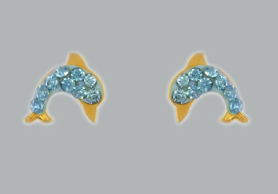 14K Y/ GOLD STUD ENAMEL CZ EARRINGS SCREW BACK DOLPHIN: NEW 14K YELLOW GOLD STUD EARRINGS New 14K Yellow Gold Earrings Measures: 7x6mm Earrings with Cubic Zirconia & Enamel Earrings have a polished finish Screw back Stamp: 14K