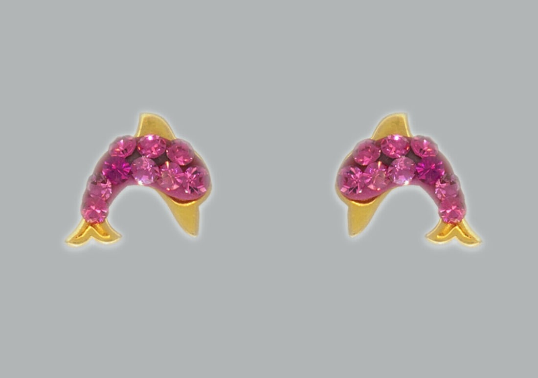 14K Y/ GOLD STUD ENAMEL CZ EARRINGS PINK DOLPHIN: NEW 14K YELLOW GOLD STUD EARRINGS New 14K Yellow Gold Earrings Measures: 7x6mm Earrings with Cubic Zirconia & Enamel Earrings have a polished finish Screw back Stamp: 14K