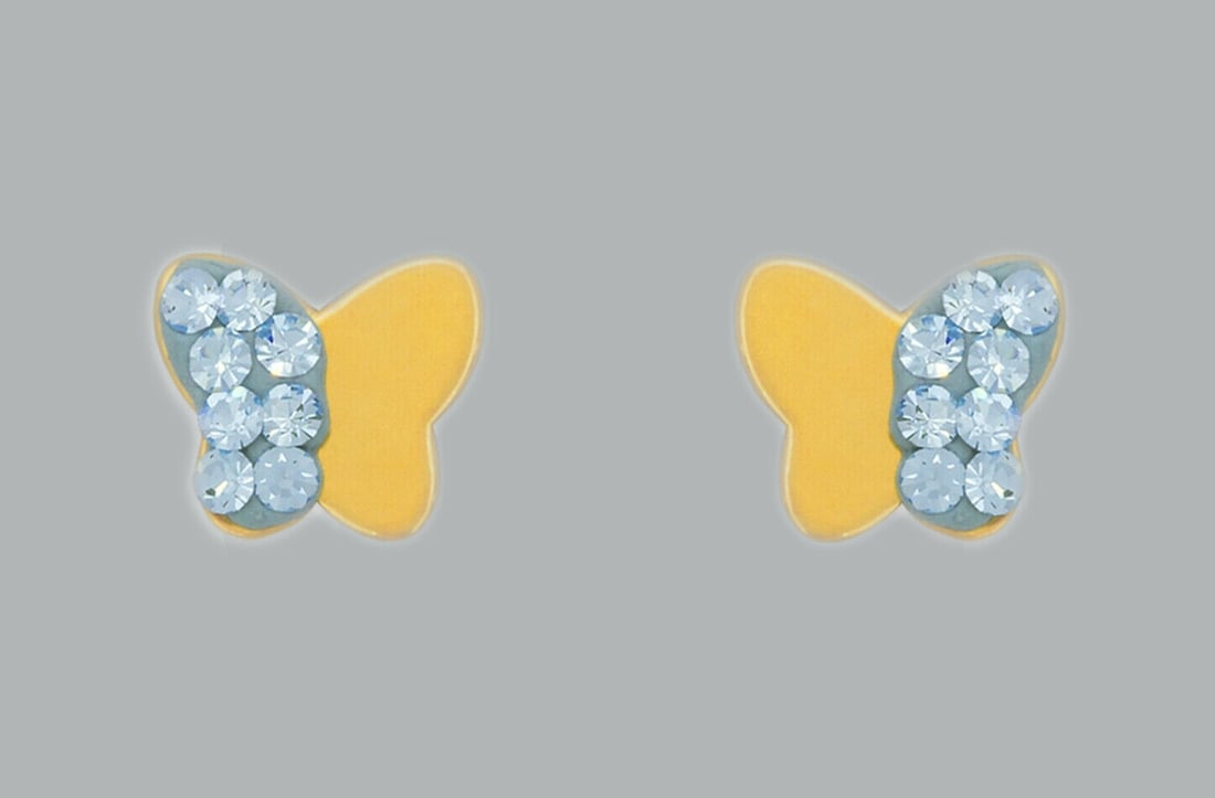 14K GOLD STUD ENAMEL CZ EARRINGS SCREW BACK BUTTERFLY: NEW 14K YELLOW GOLD STUD EARRINGS New 14K Yellow Gold Earrings Measures: 6.5x6mm Earrings with Cubic Zirconia & Enamel Earrings have a polished finish Screw back Stamp: 14K