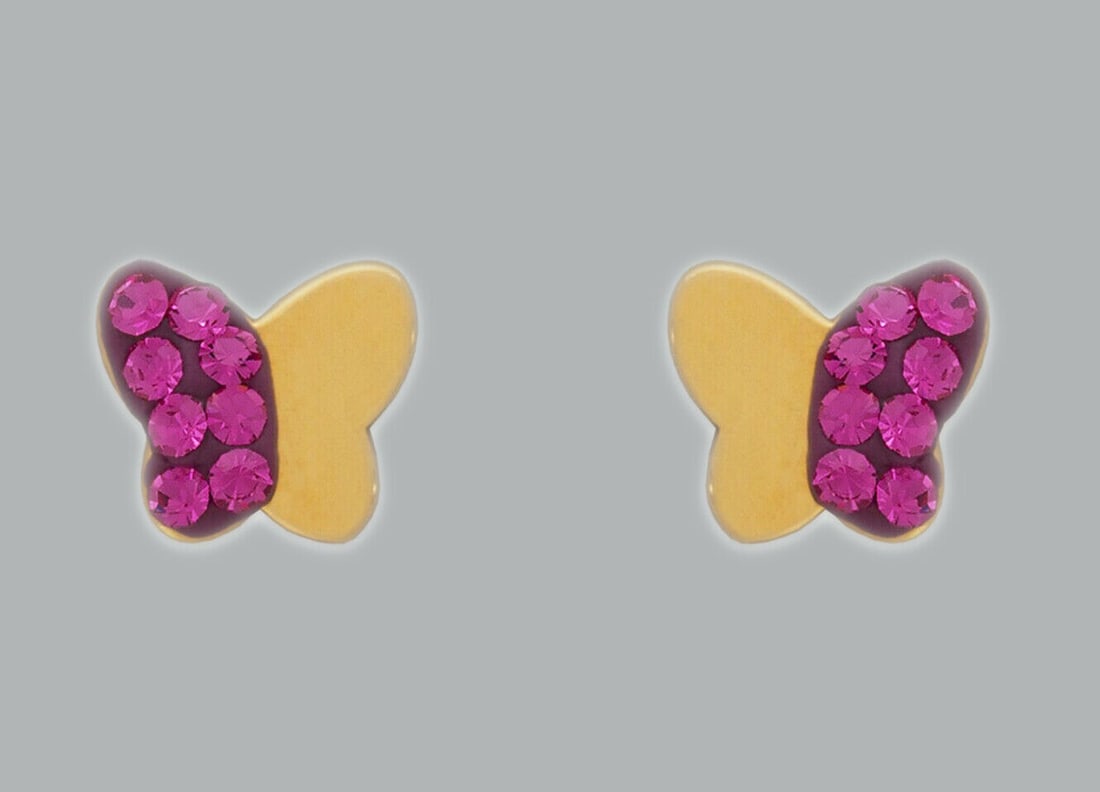 14K GOLD STUD ENAMEL CZ EARRINGS SCREW BACK BUTTERFLY: NEW 14K YELLOW GOLD STUD EARRINGS New 14K Yellow Gold Earrings Measures: 6.5x6mm Earrings with Cubic Zirconia & Enamel Earrings have a polished finish Screw back Stamp: 14K