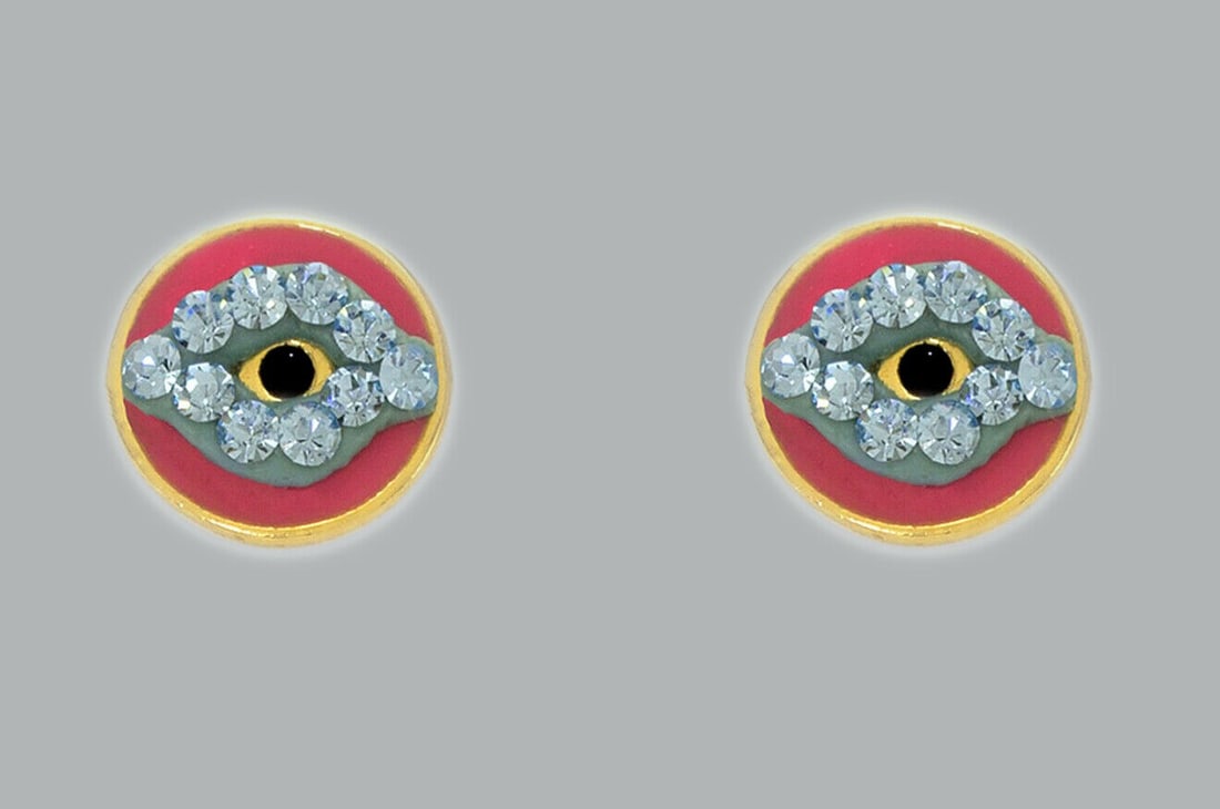 14K Y/ GOLD STUD ENAMEL CZ EARRINGS SCREW BACK EVIL EYE: NEW 14K YELLOW GOLD STUD EARRINGS New 14K Yellow Gold Earrings Measures: 7mm Earrings with Cubic Zirconia & Enamel Earrings have a polished finish Screw back Stamp: 14K