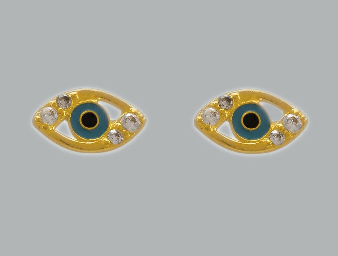 14K Y/ GOLD STUD ENAMEL CZ EARRINGS SCREW BACK EVIL EYE: NEW 14K YELLOW GOLD STUD EARRINGS New 14K Yellow Gold Earrings Measures: 7x5mm Earrings with Cubic Zirconia & Enamel Earrings have a polished finish Screw back Stamp: 14K