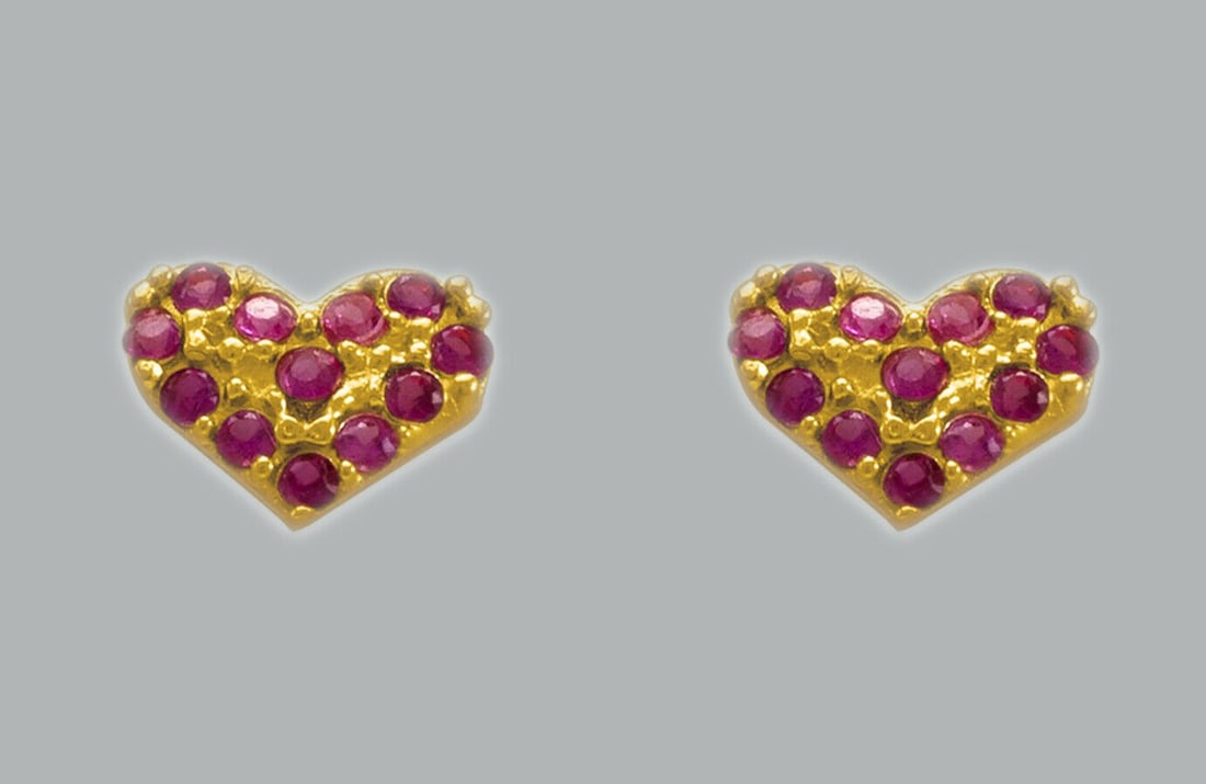 14K YELLOW GOLD STUD CZ EARRINGS SCREW BACK RED HEART (1 of 2)