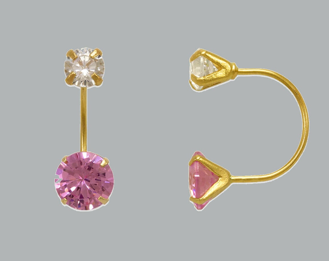 14K YELLOW GOLD LADIES TELEPHONE CZ STUD EARRINGS PINK: NEW 14K YELLOW GOLD EARRINGS New 14K Yellow Gold Earrings Measures: 14mm High - 5mm stone Telephone Earrings Set with CZ Earrings have a polished finish Screw Backing Stamp: 14k