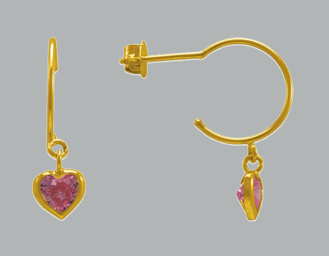 NEW 14K YELLOW GOLD CZ DANGLE EARRINGS PINK HEART (1 of 2)