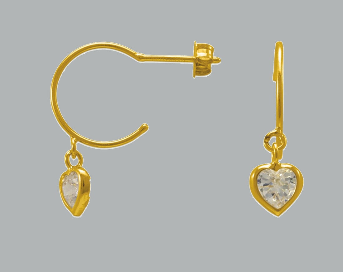 NEW 14K YELLOW GOLD CZ DANGLE EARRINGS HEART: NEW 14K YELLOW GOLD DANGLE EARRINGS New 14K Yellow Gold Earrings Measures: 10mm Hoop x 5mm CZ Earrings with red heart Cubic Zirconia Earrings have a polished finish Butterfly push back Stamp: 14K