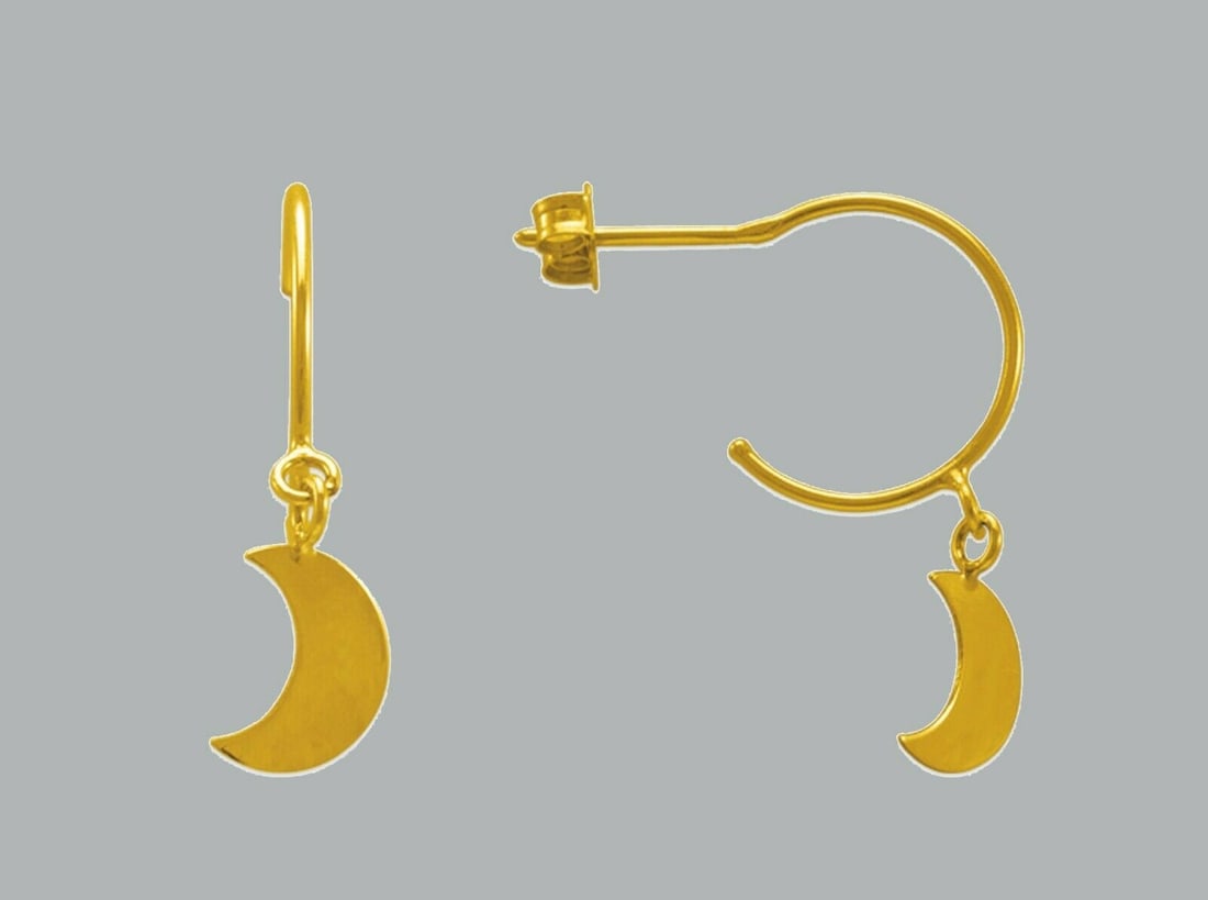 NEW 14K YELLOW GOLD DROP DANGLE EARRINGS POLISHED MOON: NEW 14K YELLOW GOLD DANGLE EARRINGS New 14K Yellow Gold Earrings Measures: 10mm Hoop x 5.5mm Earrings drop dangle polished moon Earrings have a polished finish Butterfly push back Stamp: 14K