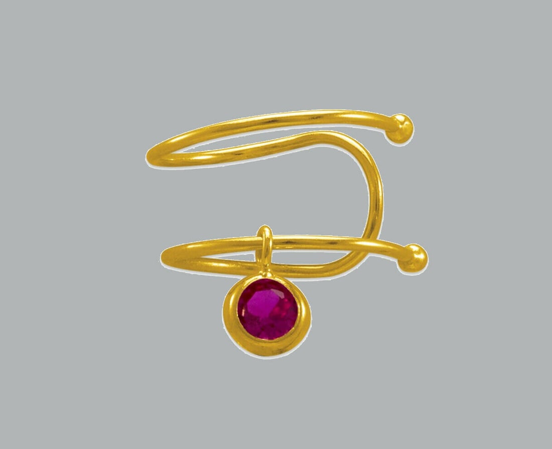 NEW 14K YELLOW GOLD COLORED CZ CUFF EARRING RED DANGLE: NEW 14K YELLOW GOLD CUFF EARRING New 14K Yellow Gold Earring Measures: 11 x 5.5mm Red CZ Earring One piece for one ear Earring has a polished finish Stamp: 14K