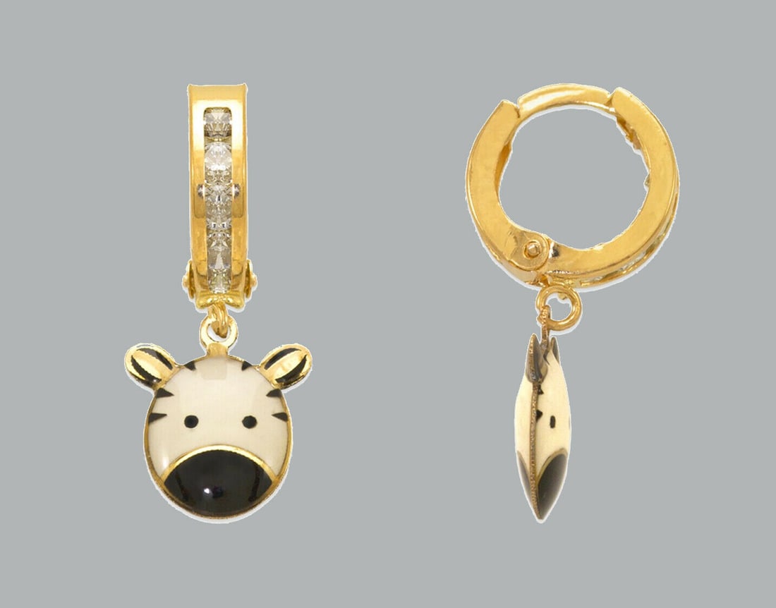 14K Y/ GOLD GIRL ENAMEL CZ DROP DANGLE EARRINGS ZEBRA (1 of 1)