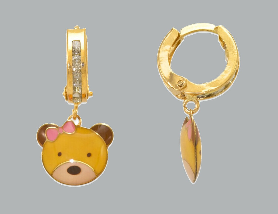 14K Y/ GOLD GIRL ENAMEL CZ DROP DANGLE EARRINGS BEAR (1 of 1)