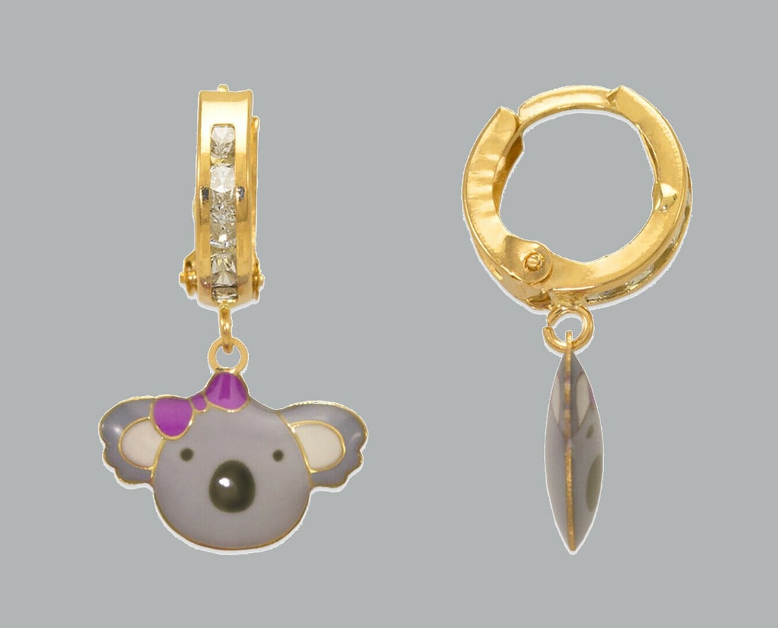 14K GOLD GIRL ENAMEL CZ DROP DANGLE EARRINGS KOALA BEAR: NEW 14K YELLOW GOLD EARRINGS New 14K Yellow Gold Earrings Measures: 20x12mm Earrings with Cubic Zirconia & Enamel Earrings have a polished finish Snap closure Stamp: 14K Apx 1 gram
