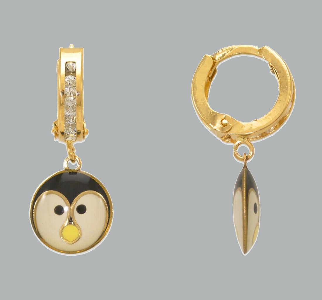 14K Y/ GOLD GIRL ENAMEL CZ DROP DANGLE EARRINGS PENGUIN (1 of 1)