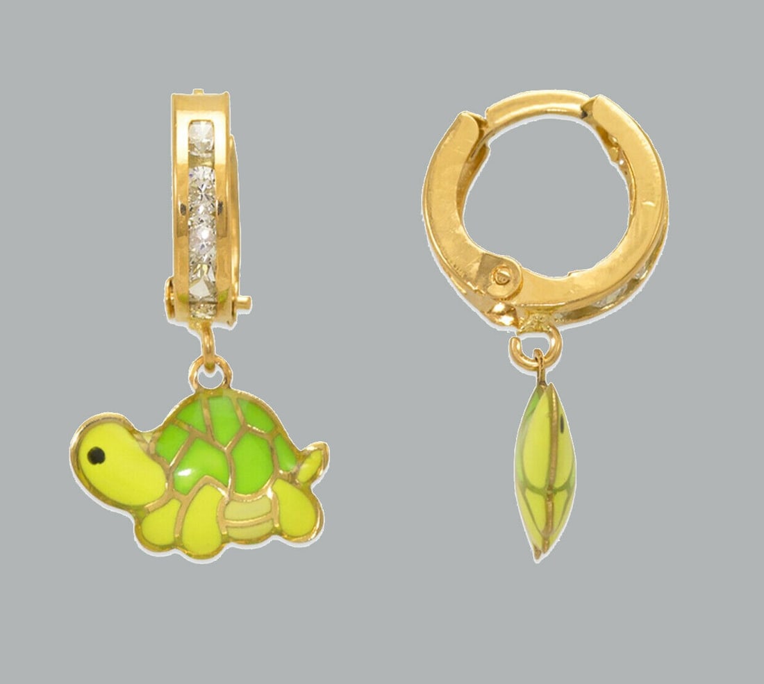 14K Y/ GOLD GIRL ENAMEL CZ DROP DANGLE EARRINGS TURTLE (1 of 1)