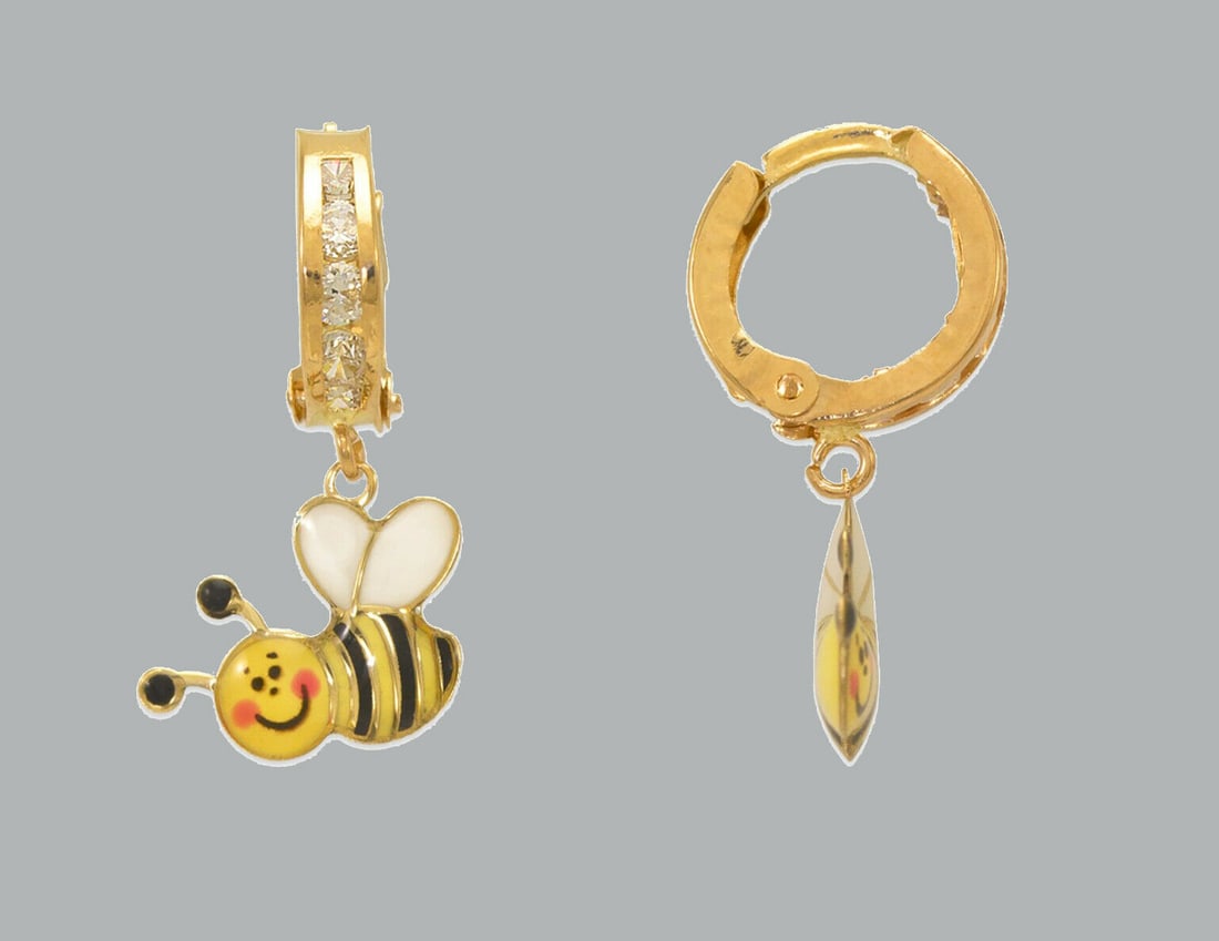 14K GOLD GIRL ENAMEL CZ DROP DANGLE EARRINGS BEE (1 of 1)