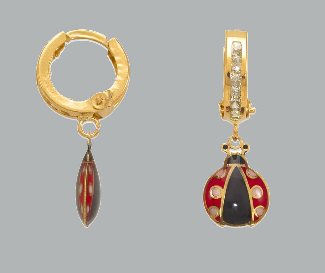 14K GOLD GIRL ENAMEL CZ DROP DANGLE EARRINGS LADYBUG (1 of 1)