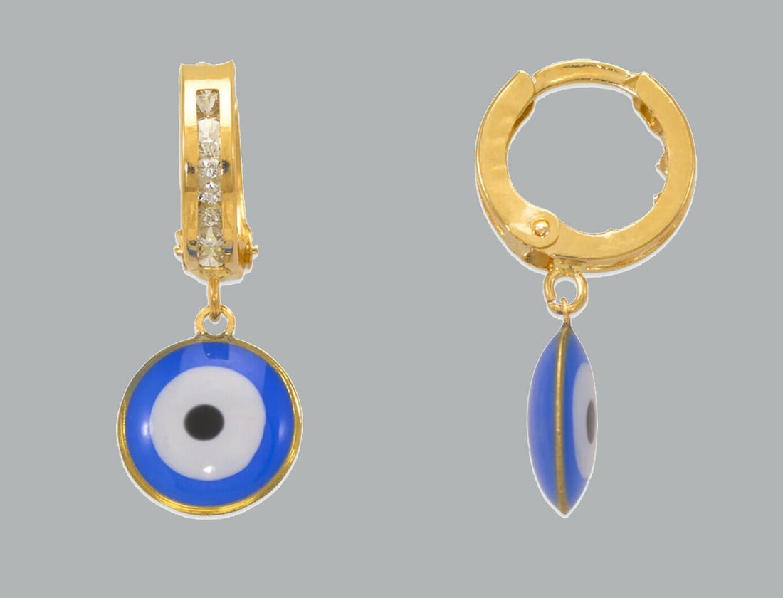 14K GOLD GIRL ENAMEL CZ DROP DANGLE EARRINGS EVIL EYE: NEW 14K YELLOW GOLD EARRINGS New 14K Yellow Gold Earrings Measures: 20x8mm Earrings with Cubic Zirconia & Enamel Earrings have a polished finish Snap closure Stamp: 14K Apx 1 gram