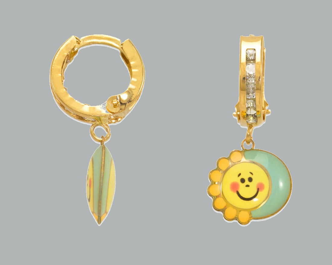 14K GOLD GIRL ENAMEL CZ DROP DANGLE EARRINGS SUN MOON (1 of 1)