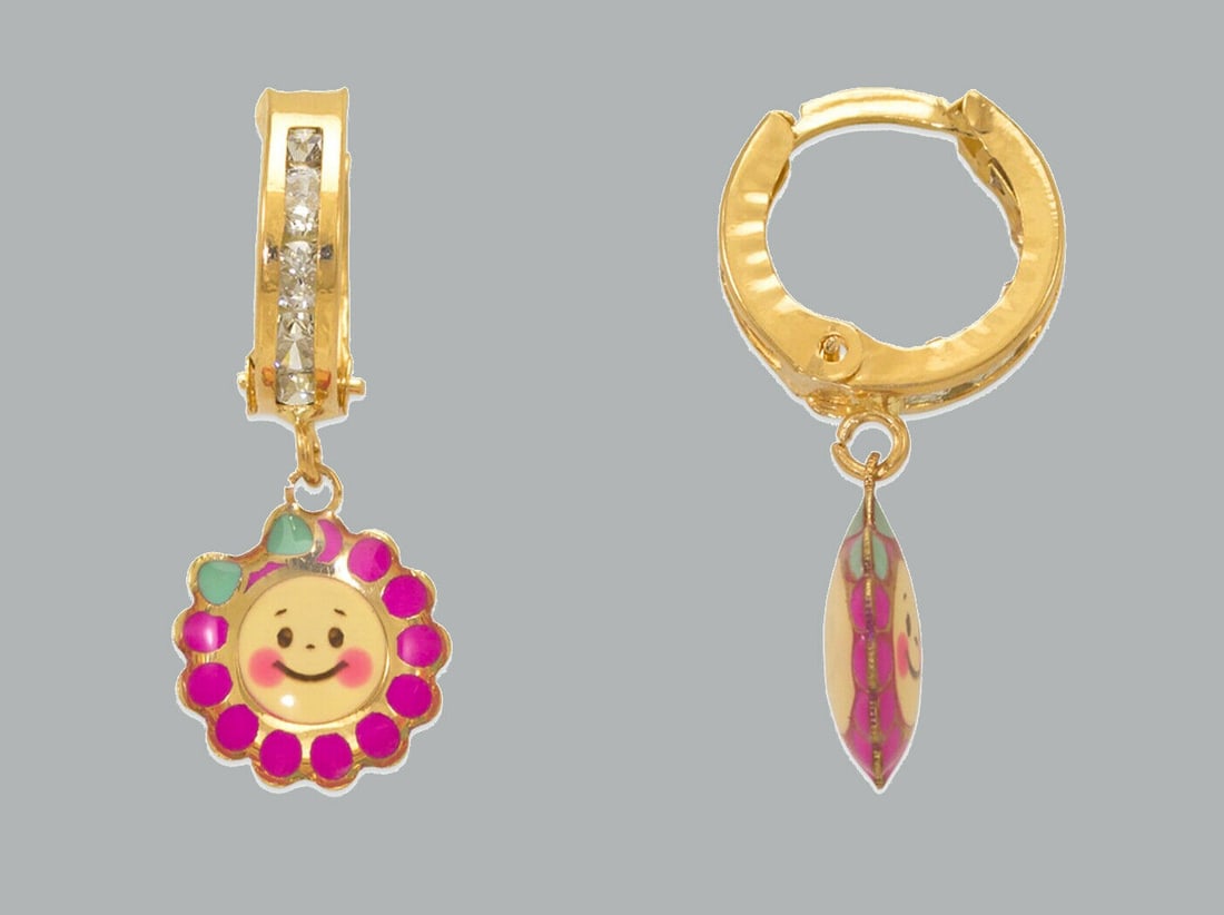14K GOLD GIRL ENAMEL CZ DROP DANGLE EARRINGS SUNFLOWER (1 of 1)