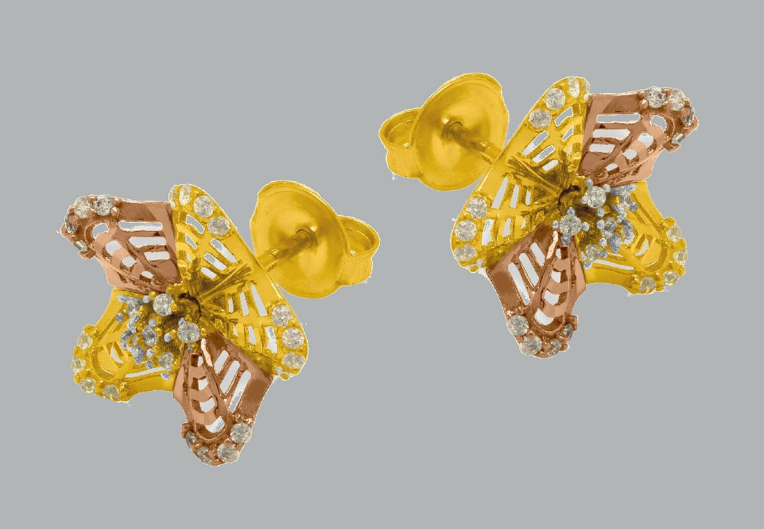 NEW 14K TRI COLOR GOLD FLOWER CZ SET EARRINGS (1 of 2)
