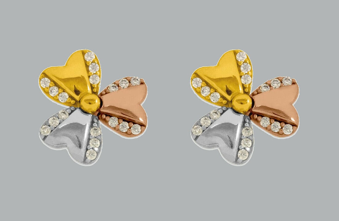 NEW 14K TRI COLOR GOLD FLOWER CZ SET EARRINGS (1 of 2)