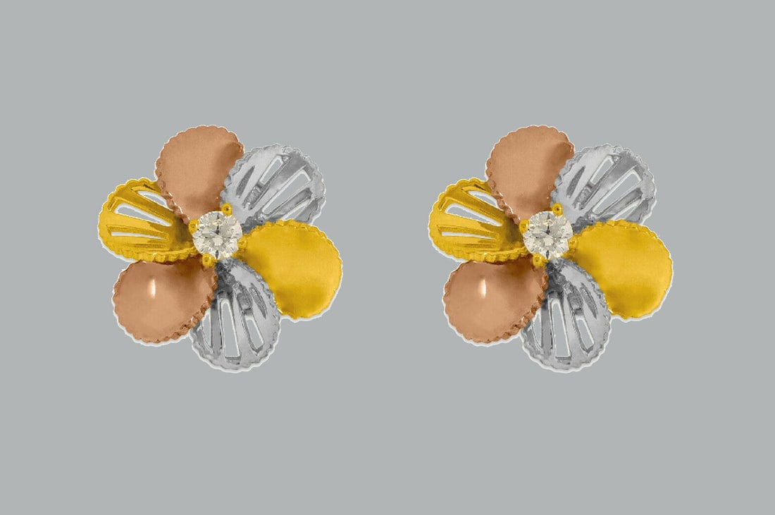 NEW 14K TRI COLOR GOLD FLOWER CZ SET EARRINGS: NEW 14K TRI COLOR GOLD EARRINGS New 14K Tri color Gold Earrings Measures: 11.5mm in diameter Set with CZ Earrings has a polish finish Post backings Stamp: 14k Avg Weight: 2.1g