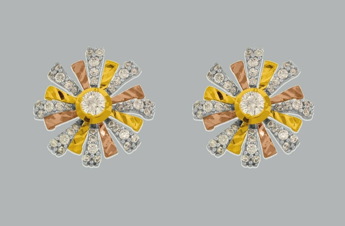 NEW 14K TRI COLOR GOLD FANCY FLOWER CZ SET EARRINGS: NEW 14K TRI COLOR GOLD EARRINGS New 14K Tri color Gold Earrings Measures: 14.5mm in diameter Set with CZ Earrings has a polish finish Post backings Stamp: 14k Avg Weight: 2.8g