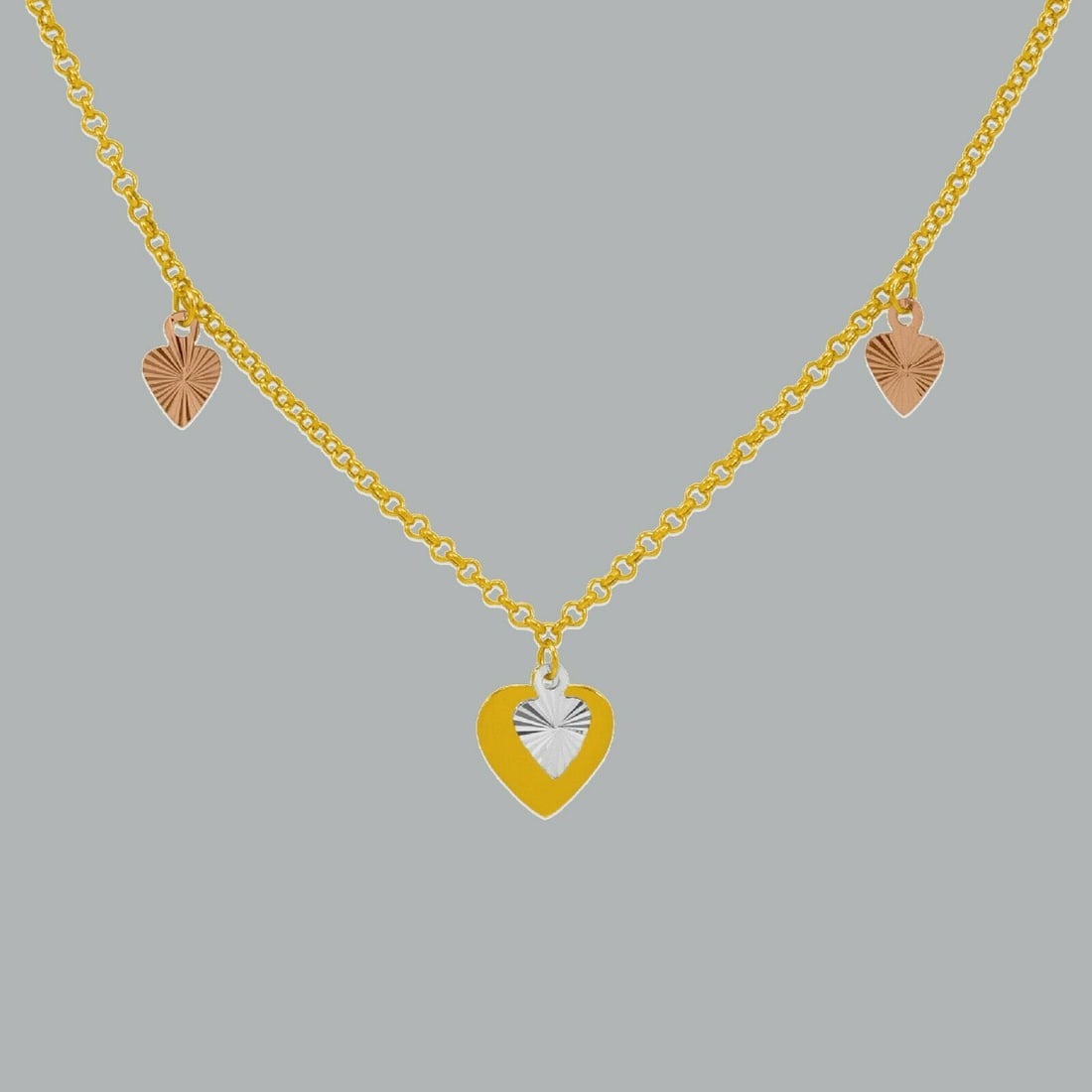 NEW 14K TRI COLOR GOLD LADIES FANCY HEART NECKLACE 18": NEW 14K TRI COLOR GOLD FANCY HEART NECKLACE New 14K Tri color Gold chain necklace Measures: 18" Long Hearts measures 13mm Polished finish Lobster clasp Stamp: 14k Apx Weight: 4g