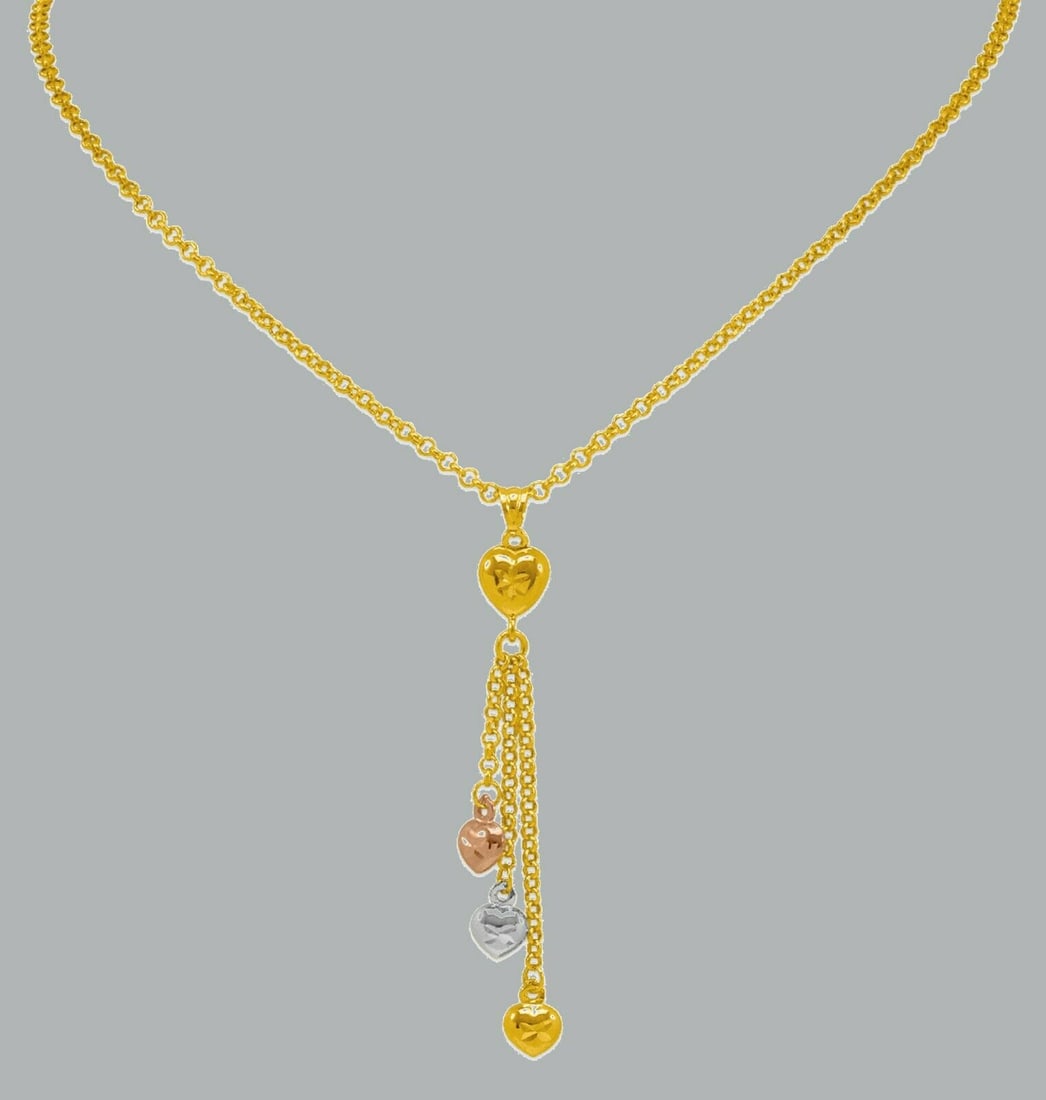 14K TRI COLOR GOLD LADIES FANCY DANGLE HEART NECKLACE: NEW 14K TRI COLOR GOLD FANCY HEART NECKLACE New 14K Tri color Gold chain necklace Measures: 18" Long Heart measures 14mm Polished finish Lobster clasp Stamp: 14k Apx Weight: 3.9g