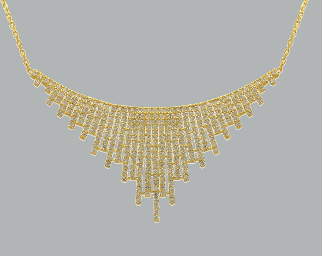 14K YELLOW GOLD LADIES FANCY CZ NECKLACE 18" CHANDELIER: NEW 14K YELLOW GOLD CZ CHANDELIER NECKLACE New 14K Yellow Gold chain necklace Measures: 18" Long Pendant measures 62mm x 38mm Cubic Zirconia Polished finish Stamp: 14k Avg Weight: 18" - 6.8g