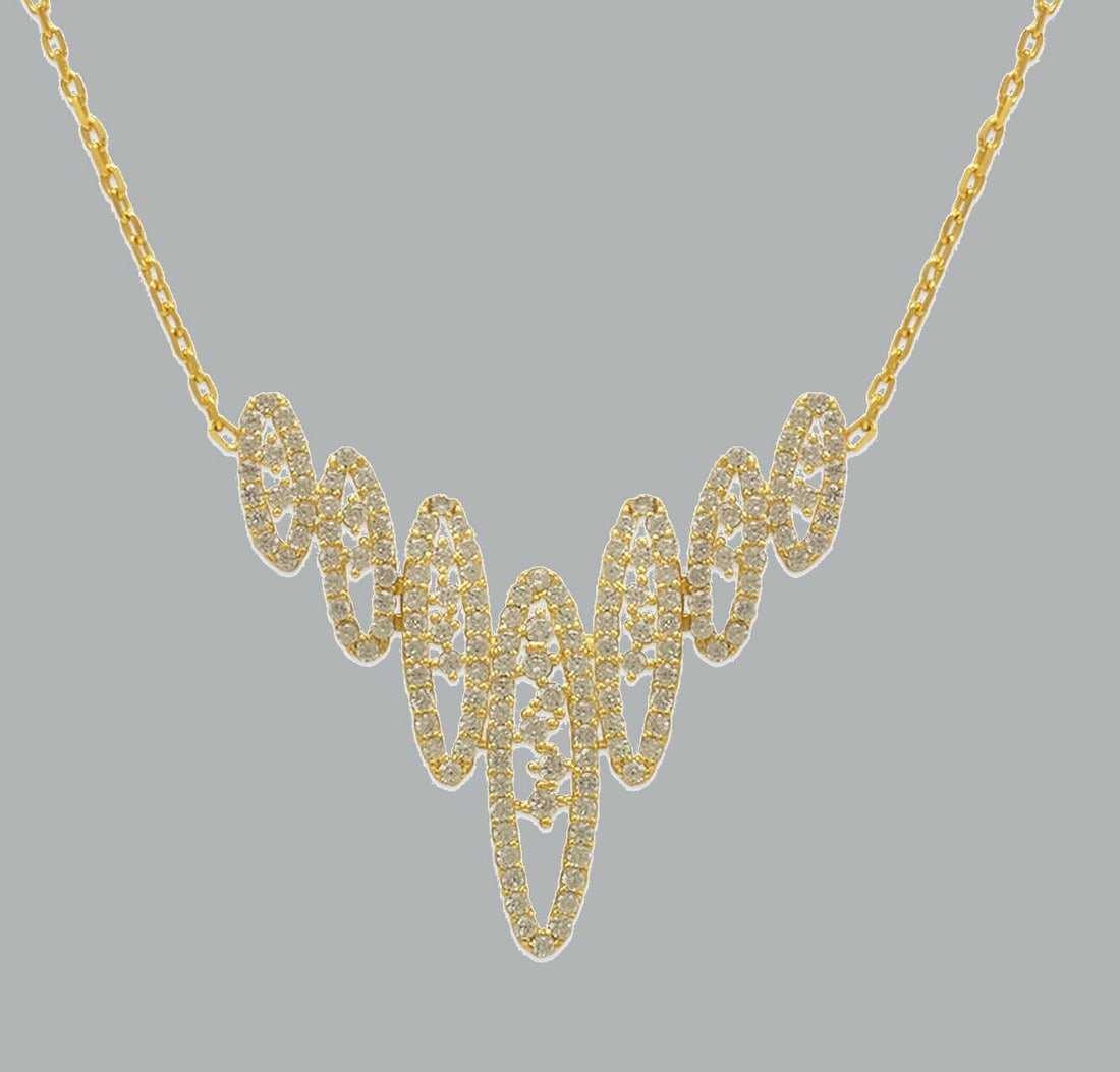 14K YELLOW GOLD LADIES FANCY CZ NECKLACE CHANDELIER: NEW 14K YELLOW GOLD CZ CHANDELIER NECKLACE New 14K Yellow Gold chain necklace Measures: 18" Long Pendant measures 31mm x 29mm Cubic Zirconia Polished finish Stamp: 14k 4.4g