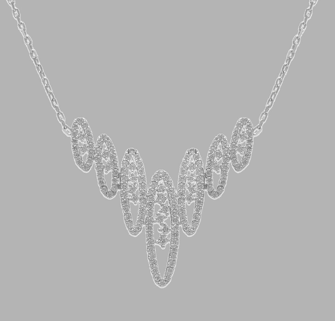 14K WHITE GOLD LADIES FANCY CZ NECKLACE CHANDELIER: NEW 14K WHITE GOLD CZ CHANDELIER NECKLACE New 14K White Gold chain necklace Measures: 18" Long Pendant measures 31mm x 29mm Cubic Zirconia Polished finish Stamp: 14k 4.4g