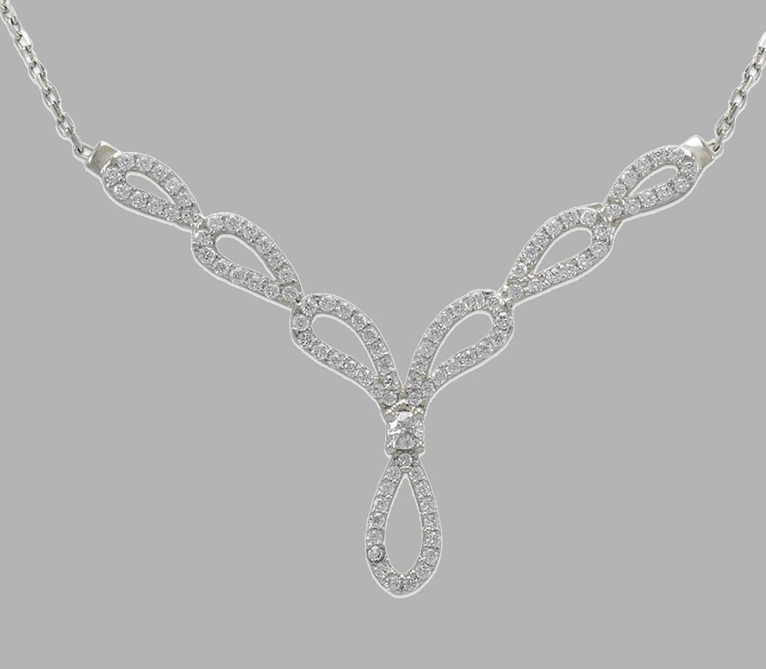 14K WHITE GOLD LADIES FANCY CZ NECKLACE CHANDELIER: NEW 14K WHITE GOLD CZ CHANDELIER NECKLACE New 14K White Gold chain necklace Measures: 18" Long Pendant measures 48mm x 34mm Cubic Zirconia Polished finish Stamp: 14k Avg Weight: 18" - 3.9g