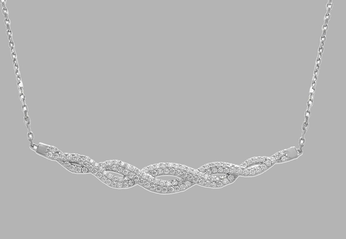 14K WHITE GOLD LADIES FANCY CZ NECKLACE 18" TWIST: NEW 14K WHITE GOLD CZ NECKLACE New 14K White Gold chain necklace Measures: 18" Long Pendant measures 54mm x 6mm Cubic Zirconia Polished finish Stamp: 14k Avg Weight: 18" - 3.6g