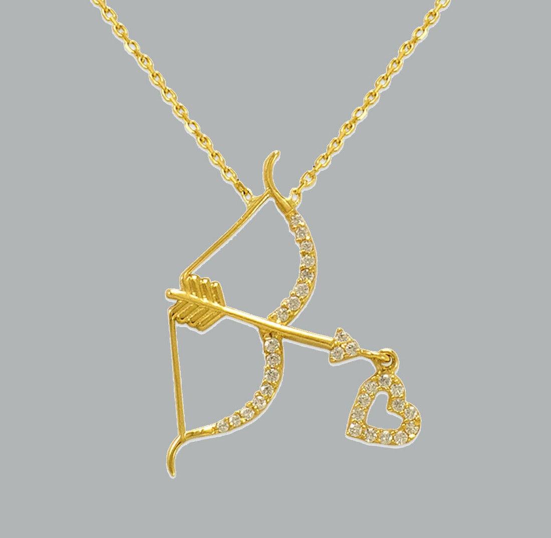 14K YELLOW GOLD CZ HEART NECKLACE CUPID BOW ARROW HEART: NEW 14K YELLOW GOLD CZ NECKLACE