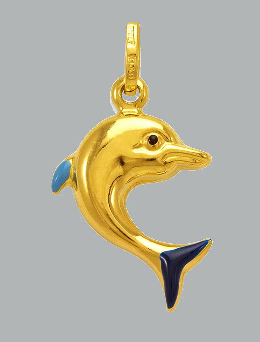 NEW 14K YELLOW GOLD ENAMEL PENDANT / CHARM DOLPHIN (1 of 1)