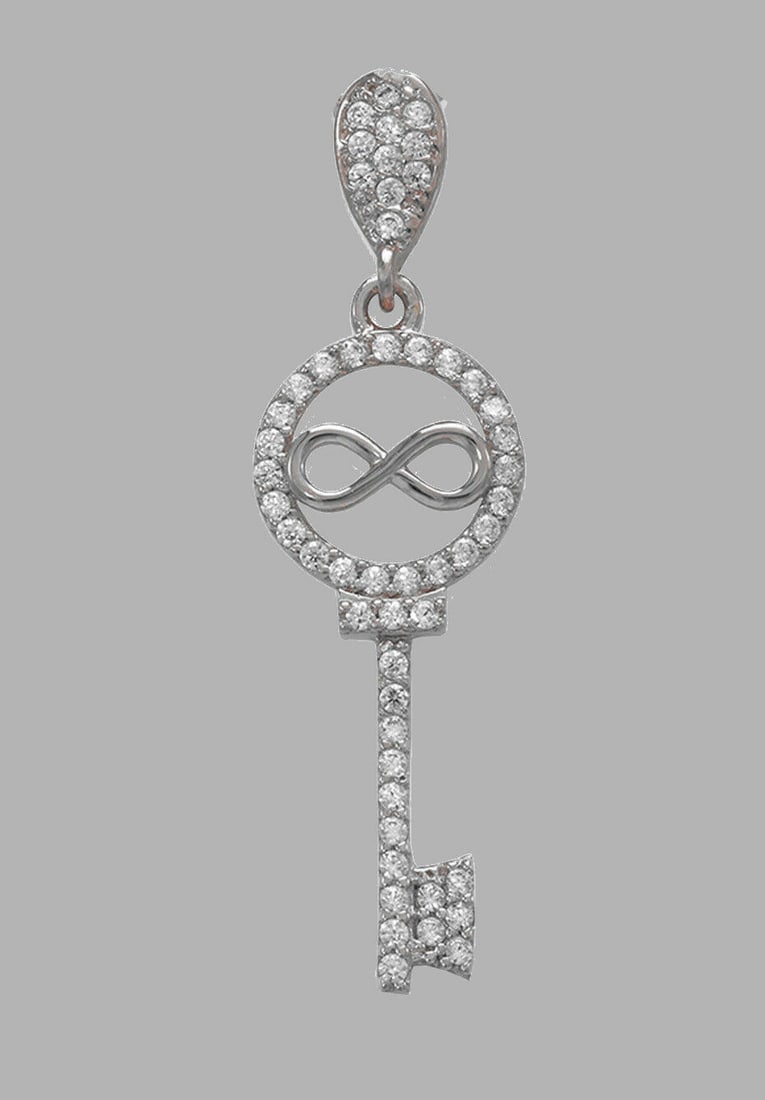 NEW 14K WHITE GOLD CZ FANCY CHARM PENDANT INFINITY KEY: NEW 14K WHITE GOLD CZ KEY PENDANT New 14K White Gold pendant Pendant measures 10x26mm Set with cubic zirconia Polished finish Stamp: 14k Apx Weight: 1.2g