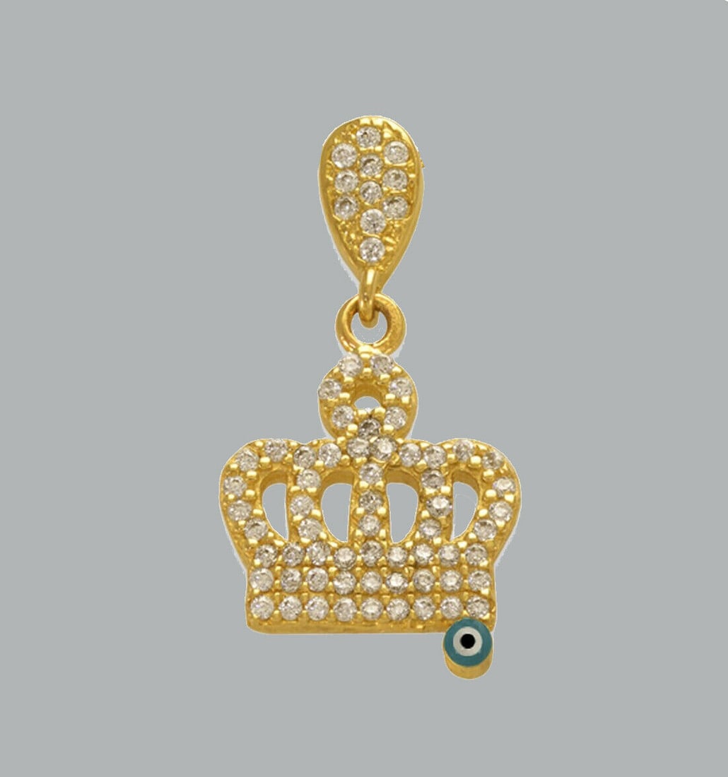 14K YELLOW GOLD CZ FANCY CHARM PENDANT CROWN EVIL EYE: NEW 14K YELLOW GOLD CROWN CZ PENDANT New 14K Yellow Gold pendant Pendant measures 12.5mm x 14mm Set with cubic zirconia Polished finish Stamp: 14k Apx Weight: 1.8g