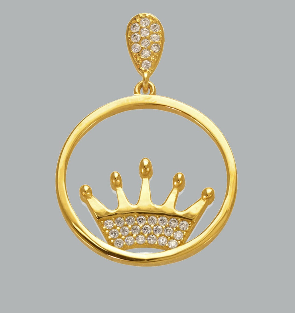 14K YELLOW GOLD CZ FANCY CHARM PENDANT CROWN: NEW 14K YELLOW GOLD CROWN CZ PENDANT New 14K Yellow Gold pendant Pendant measures 23mm in diameter Set with cubic zirconia Polished finish Stamp: 14k Apx Weight: 2.5g