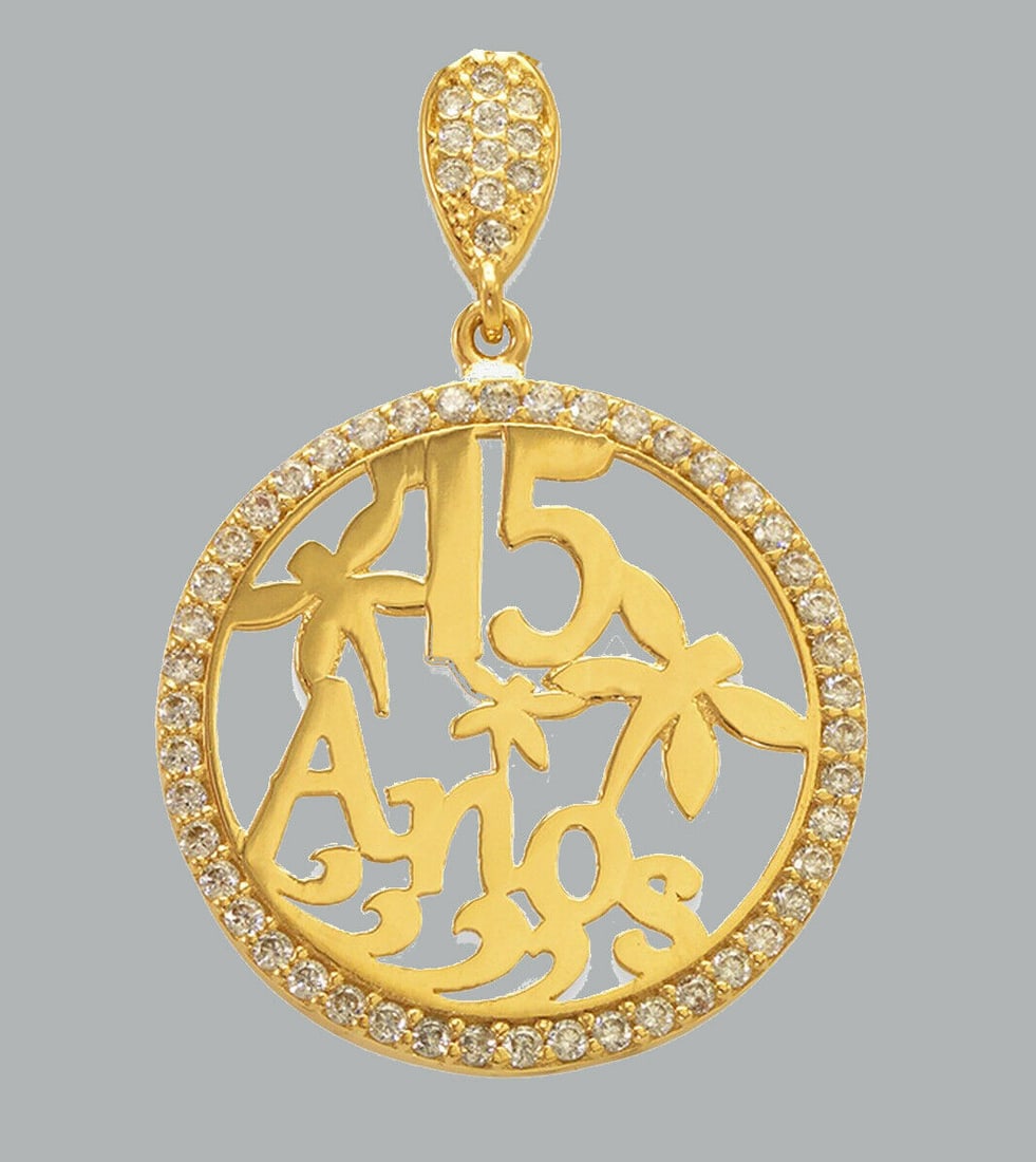 NEW 14K YELLOW GOLD CZ FANCY CHARM PENDANT 15 ANOS: NEW 14K YELLOW GOLD 15 ANOS CZ PENDANT New 14K Yellow Gold pendant Pendant measures 21mm x 31mm Set with cubic zirconia Polished finish Stamp: 14k Apx Weight: 2.1g